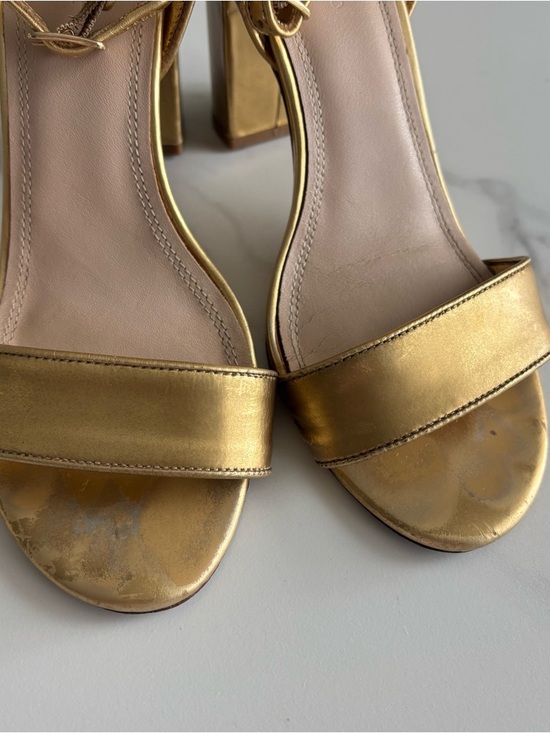 Sandro Metallic Gold Ankle-Strap Block Heel Sandals Sz 37 - Picture 4 of 9